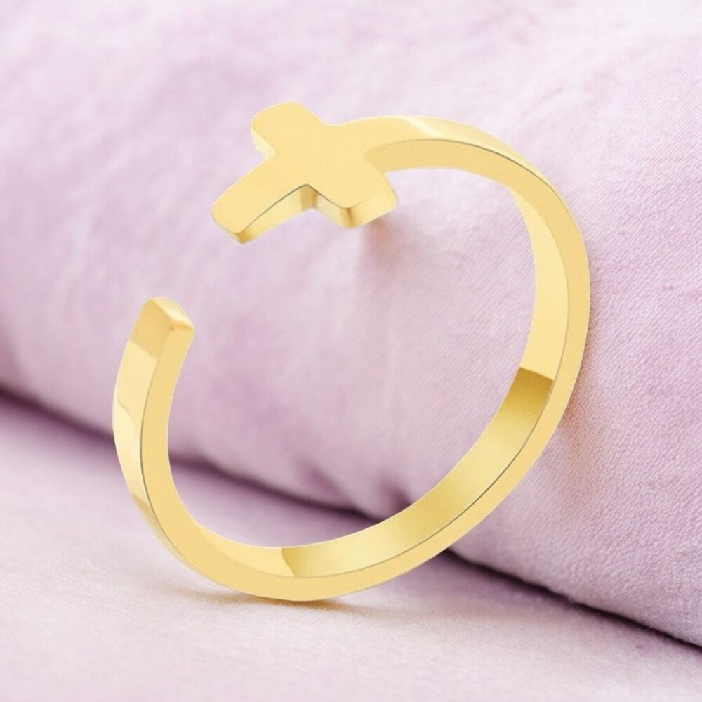 NEW 18K yellow gold plated cross Christian adjustable open ring jewelry B29A
